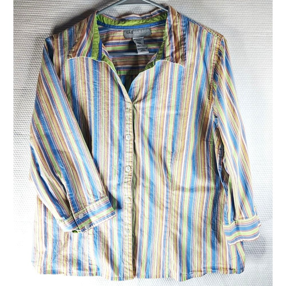 Sag Harbor Women Large Striped Shirt Pastel Single Stitch Vintage Beach Wear
